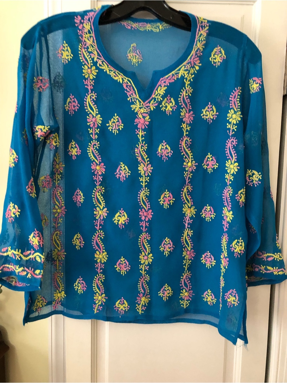 Women’s Teal Embroidered Sheer Blouse